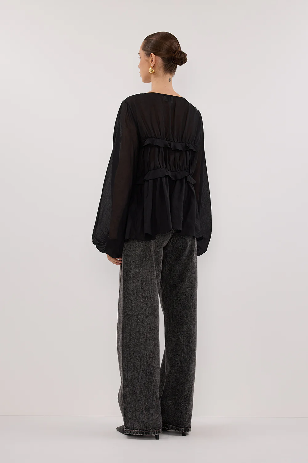 MILA BLACK RAMIE LONG SLEEVE FRILL TOP - Gamepaces