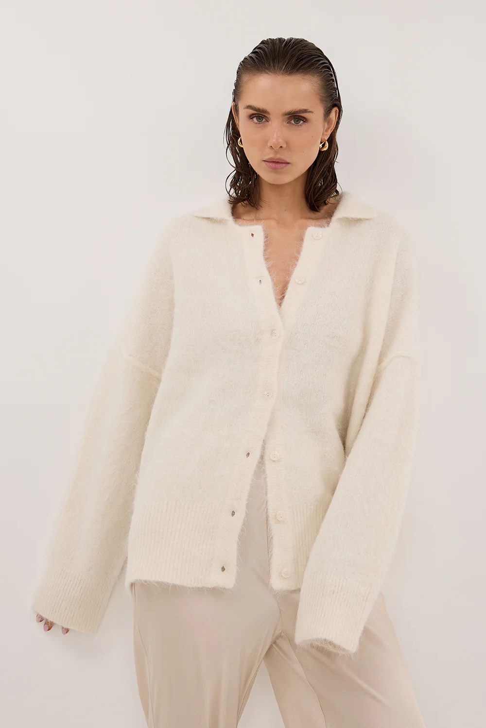 SALMA IVORY POLO NECK KNIT CARDIGAN - Gamepaces