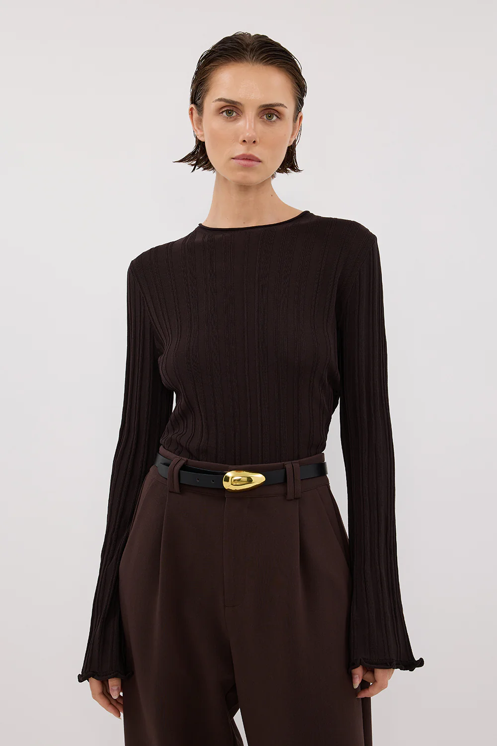 SYLVIA BITTER CHOC CREW KNIT TOP - Gamepaces