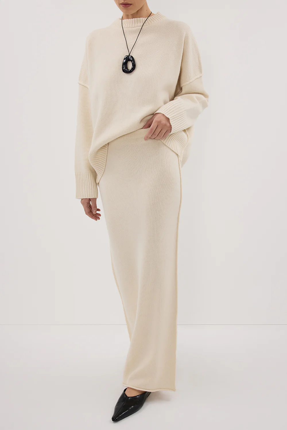 PAIGE CREAM WOOL KNIT MIDI SKIRT - Gamepaces