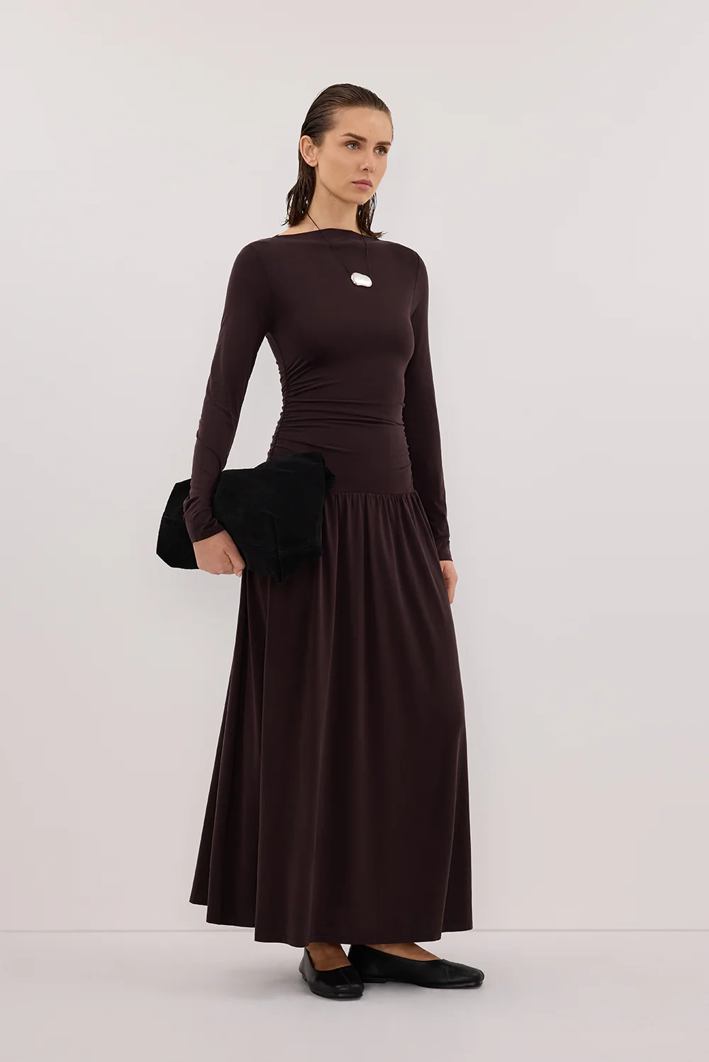 MEG BURNT CHOC LONG SLEEVE KNIT MIDI DRESS - Gamepaces